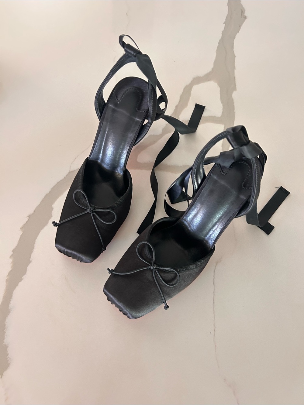 Black Satin Lace-Up Square Toe Heels with Ankle Ribbon